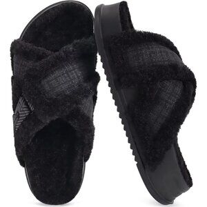 Women's Black Fuzzy Furry Faux Fur Cross Band Arch Open Slippers Slides Shoes